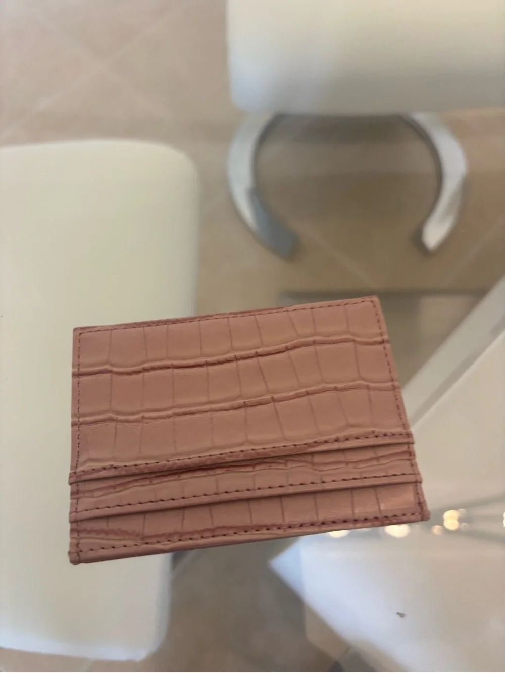 Croc-Embossed Slim Card Holder in Dusty Rose